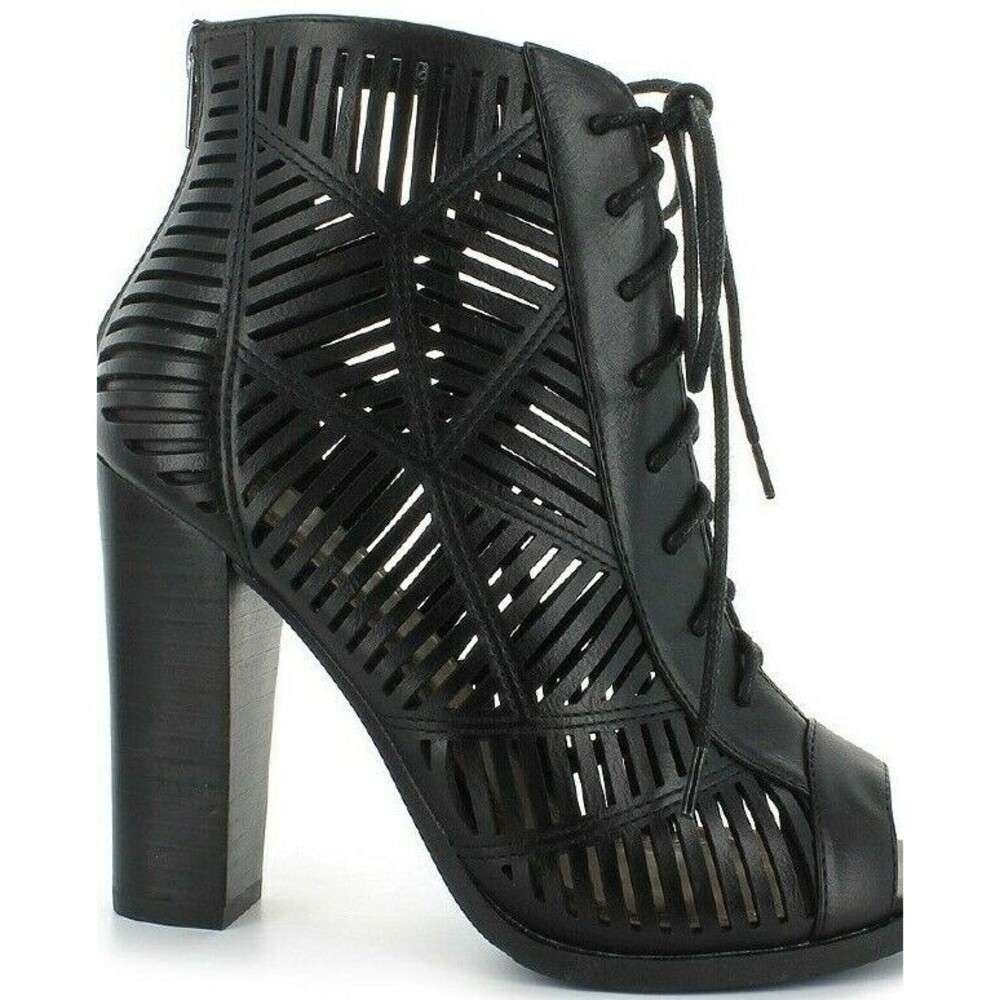 Chelsea Moreland Women's Shoes Sexy Black Lace Up Zip Open Toe Heels Size 9 NWOB